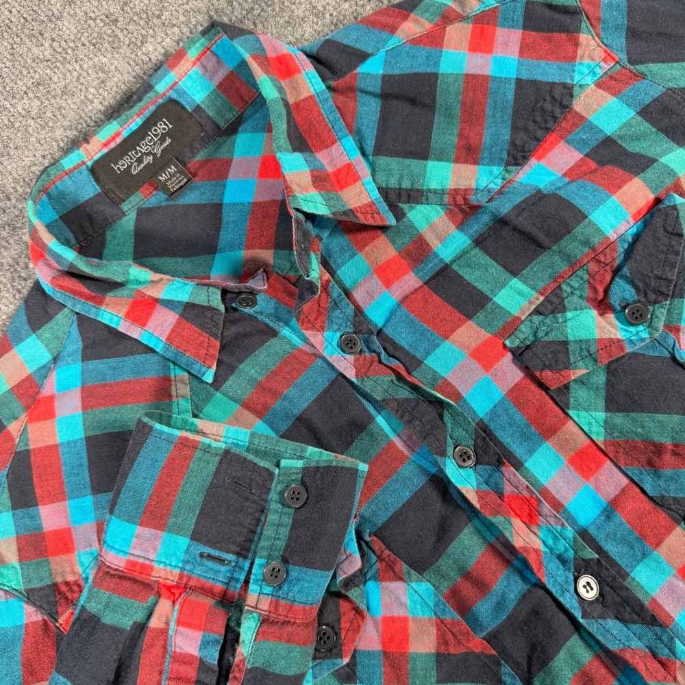 Heritage 1981 Mens Plaid Button Down Shirt Red Teal Flannel Style Medium #4325
